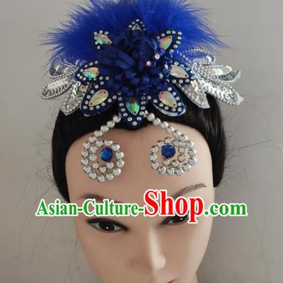 China Folk Dance Royalblue Feather Hair Stick Woman Yangko Group Dance Hair Accessories Traditional Fan Dance Headpiece