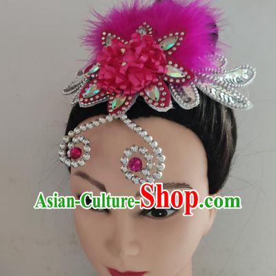 China Woman Yangko Group Dance Hair Accessories Traditional Fan Dance Headpiece Folk Dance Rosy Feather Hair Stick