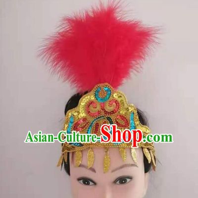 Chinese Traditional Uyghur Nationality Dance Headpieces Xinjiang Ethnic Watermelon Red Feather Hair Crown Folk Dance Hair Clasp