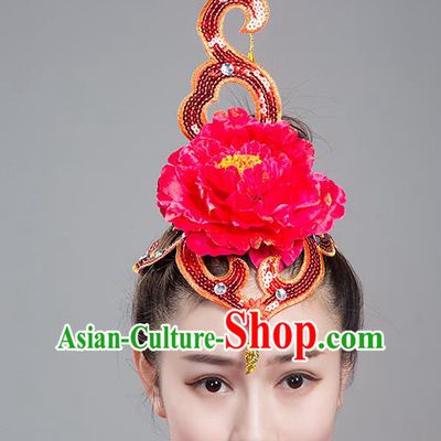 China Traditional Fan Dance Headdress Folk Dance Yangko Rosy Peony Hair Crown Woman Group Dance Hair Accessories