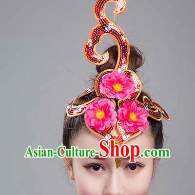 China Woman Group Dance Hair Accessories Traditional Fan Dance Headdress Folk Dance Yangko Rosy Peach Blossom Hair Crown