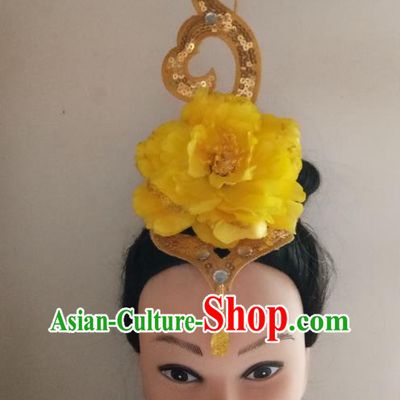 China Traditional Yangko Dance Headdress Folk Dance Fan Performance Yellow Peony Hair Crown Woman Group Dance Hair Accessories