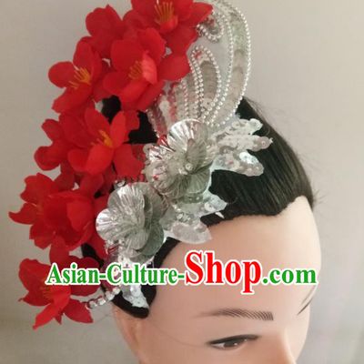 China Woman Group Dance Hair Accessories Traditional Yangko Dance Headpiece Folk Dance Fan Performance Red Peach Blossom Hair Stick