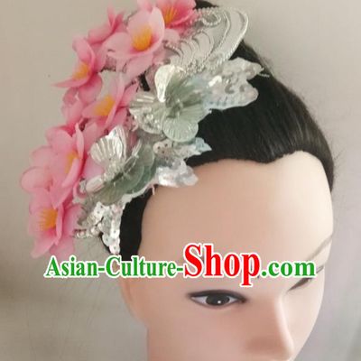 China Folk Dance Fan Performance Pink Peach Blossom Hair Stick Woman Group Dance Hair Accessories Traditional Yangko Dance Headpiece