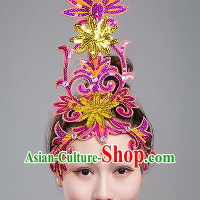 China Traditional Stage Performance Headpiece Folk Dance Fan Dance Hair Stick Woman Group Dance Rosy Sequins Hair Accessories