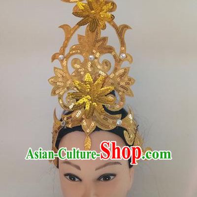 China Woman Group Dance Golden Sequins Hair Accessories Traditional Stage Performance Headpiece Folk Dance Fan Dance Hair Stick