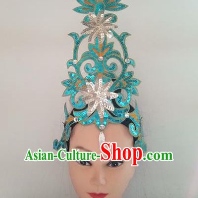 China Folk Dance Fan Dance Hair Stick Woman Group Dance Blue Sequins Hair Accessories Traditional Stage Performance Headpiece