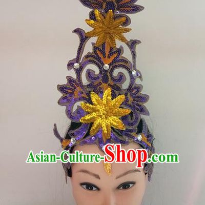 China Folk Dance Headwear Fan Dance Hair Stick Woman Group Dance Hair Accessories Traditional Stage Performance Purple Sequins Headpiece