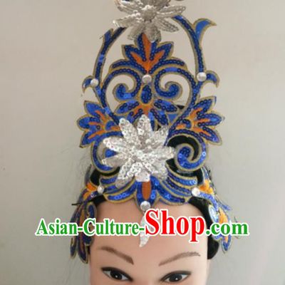 China Traditional Stage Performance Headpiece Folk Dance Royalblue Sequins Headwear Fan Dance Hair Stick Woman Group Dance Hair Accessories