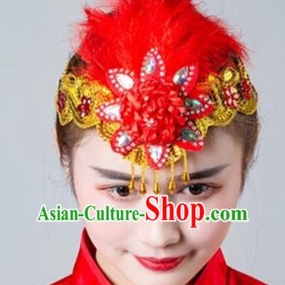 China Folk Dance Red Feather Headband Yangko Dance Hair Clasp Female Group Dance Headpiece Traditional Hair Accessories