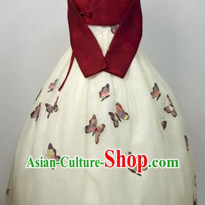 Korean Wedding Bride Fashion Costumes Young Lady Classical Hanbok Wine Red Blouse and Embroidered Butterfly Dress Korea Traditional Festival Clothing