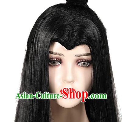 Chinese Ancient Swordsman Headdress Tang Dynasty Young Hero Toupee Hairpieces Cosplay Martial Arts Male Black Wigs