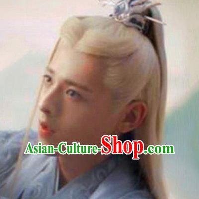 Chinese Ancient Swordsman Headdress Jin Dynasty Prince Toupee Hairpieces Cosplay Cang Lan Jue Dongfang Qingcang Beige Wigs
