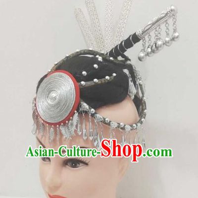 China Miao Nationality Woman Wigs Ethnic Folk Dance Silver Hair Accessories Hmong Minority Performance Headpieces