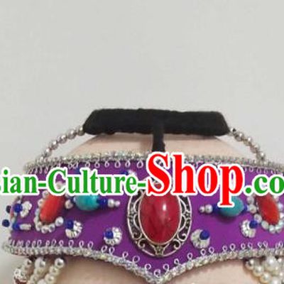 China Mongol Minority Performance Headwear Mongolian Nationality Woman Purple Headband Ethnic Folk Dance Hair Accessories