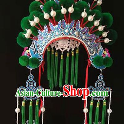 Chinese Peking Opera Wedding Hair Accessories Beijing Opera Hua Tan Hat Traditional Opera Actress Green Pompon Helmet