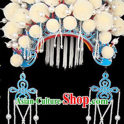 Chinese Beijing Opera Hua Tan Phoenix Hat Traditional Opera Bride White Pompon Helmet Peking Opera Wedding Headdress
