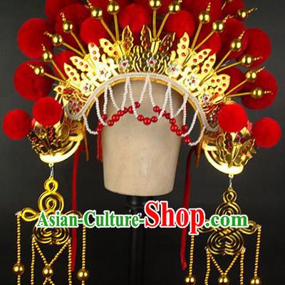 Chinese Peking Opera Wedding Headdress Beijing Opera Hua Tan Phoenix Hat Traditional Opera Bride Red Pompon Helmet