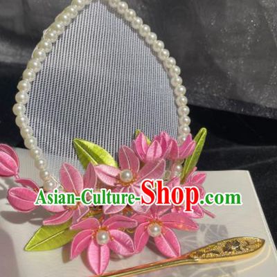 China Traditional Hanfu Hair Accessories Ancient Court Woman Pink Silk Flowers Hair Crown Song Dynasty Imperial Consort Headpieces