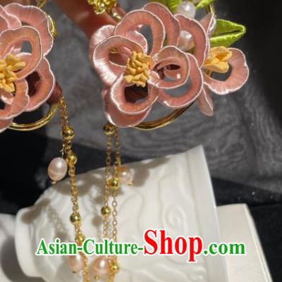 Handmade Chinese Ancient Palace Lady Pearls Tassel Earrings Ming Dynasty Princess Pink Silk Flowers Ear Accessories
