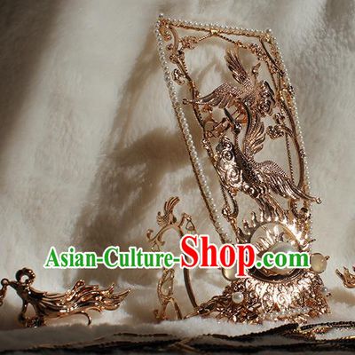 Chinese Ancient Royal King Headpieces Traditional Jin Dynasty Emperor Golden Crane Hair Crown and Long Tassel Hairpins Headdress