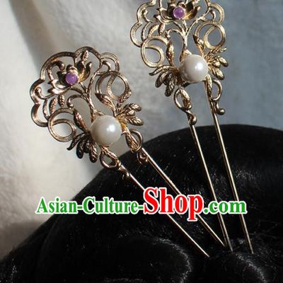 China Tang Dynasty Queen Pearl Hairpin Traditional Hanfu Hair Accessories Ancient Imperial Consort Golden Lotus Hair Stick