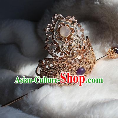 Chinese Ancient Noble Prince Headpieces Traditional Tang Dynasty Swordsman Golden Hair Crown and Hairpin