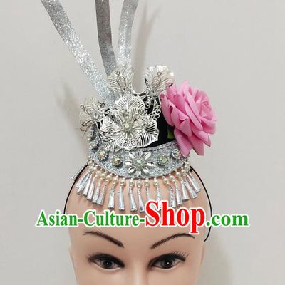 China Miao Nationality Silver Hair Crown Ethnic Folk Dance Hair Accessories Hmong Minority Performance Headdress