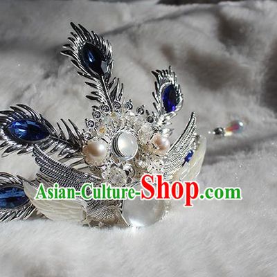 Chinese Ancient Swordsman Blue Crystal Headpieces Traditional Ming Dynasty Royal Highness Argent Hair Crown and Hairpin