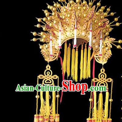 Chinese Peking Opera Hua Tan Headdress Beijing Opera Empress Golden Hat Traditional Opera Princess Phoenix Coronet