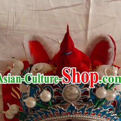 China Traditional Peking Opera Takefu Red Tiger Helmet Beijing Opera Wusheng Hat Opera Performance Warrior Headwear