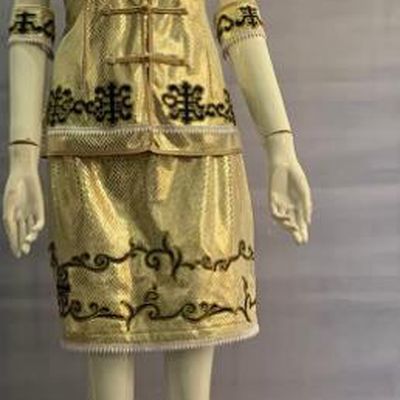 Chinese Hezhe Nationality Dance Clothing Nanai Minority Folk Dance Golden Uniforms Hezhen Ethnic Woman Garment Costume