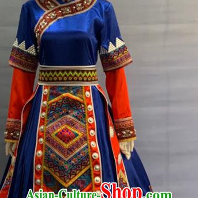 Chinese Guangxi Ethnic Bride Garment Costume Zhuang Nationality Wedding Clothing Minority Folk Dance Royalblue Dress Uniforms