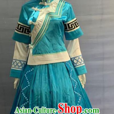 Chinese Minority Folk Dance Blue Dress Uniforms Guangxi Ethnic Bride Garment Costume Zhuang Nationality Wedding Clothing