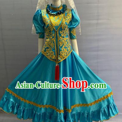 Chinese Tatar Nationality Wedding Clothing Minority Folk Dance Blue Dress Uniforms Xinjiang Ethnic Bride Garment Costume