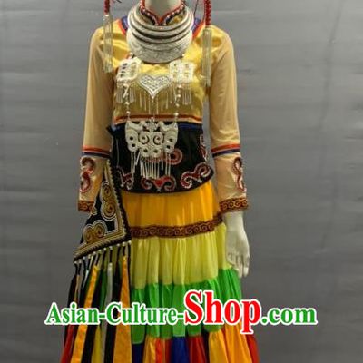 Chinese Xiangxi Ethnic Woman Garment Costume Yi Nationality Dance Dress Minority Folk Dance Clothing