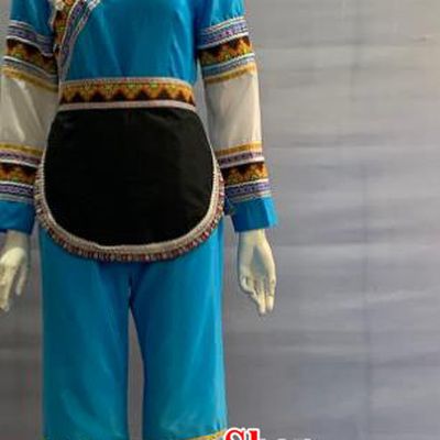 Chinese Mulao Nationality Clothing Mulam Minority Folk Dance Blue Uniforms Guangxi Ethnic Festival Garment Costume and Red Hat