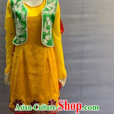 Chinese Qinghai Ethnic Female Garment Costume Traditional Salar Nationality Bride Clothing Minority Festival Folk Dance Yellow Dress Uniforms and Hat