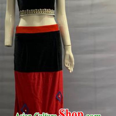 Chinese Yunnan Ethnic Woman Garment Costume Wa Nationality Dance Dress Minority Folk Dance Uniforms