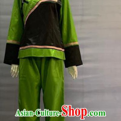 Chinese Traditional Gelo Nationality Clothing Kelao Minority Folk Dance Green Uniforms Guizhou Ethnic Woman Garment Costume and Hat