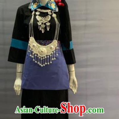 Chinese Achang Nationality Clothing Minority Folk Dance Black Dress Uniforms Yunnan Ethnic Torch Festival Garment Costume and Headwear