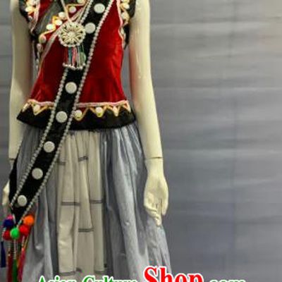 Chinese Lisu Nationality Clothing Olunchun Minority Folk Dance Dress Uniforms Yunnan Ethnic Festival Garment Costume and Tassel Hat