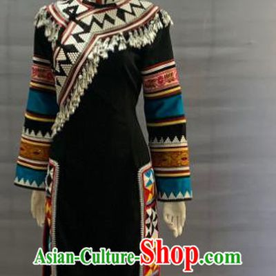Chinese Lahu Nationality Dance Clothing Minority Folk Dance Black Dress Uniforms Yunnan Ethnic Woman Garment Costume