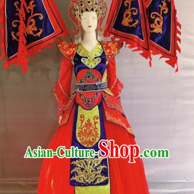 China Beijing Opera Female General Garment Costumes Traditional Peking Opera Blues Red Dress Clothing and Headdress