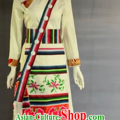 Chinese Lisu Nationality Bride Clothing Minority Folk Dance White Dress Uniforms Yunnan Ethnic Female Garment Costume and Headwear