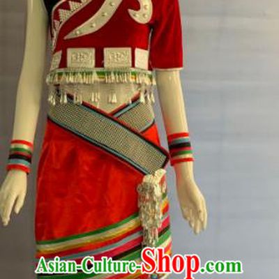 Chinese Wa Nationality Dance Clothing Minority Folk Dance Red Dress Uniforms Yunnan Ethnic Garment Costumes