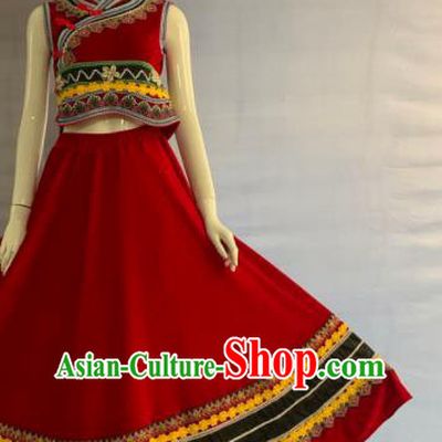 Chinese Lisu Nationality Woman Clothing Minority Wedding Red Velvet Dress Uniforms Yunnan Ethnic Folk Dance Garment Costumes