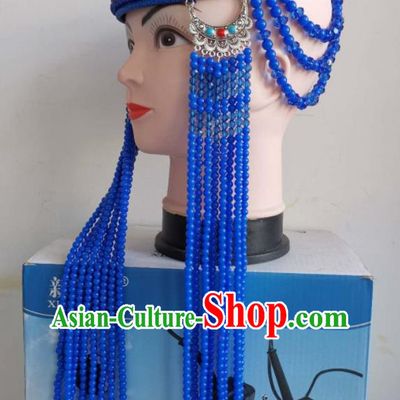 Handmade Chinese Mongol Nationality Wedding Royalblue Beads Tassel Headband Mongolian Ethnic Bride Hat