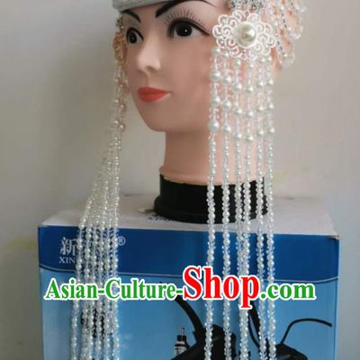 Handmade Chinese Mongolian Ethnic Wedding Bride White Beads Tassel Hat Mongol Nationality Dance Headband