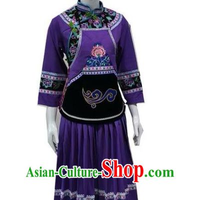 Chinese Puyi Nationality Female Clothing Bouyei Minority Purple Dress Uniforms Guizhou Ethnic Folk Dance Garment Costumes and Hat